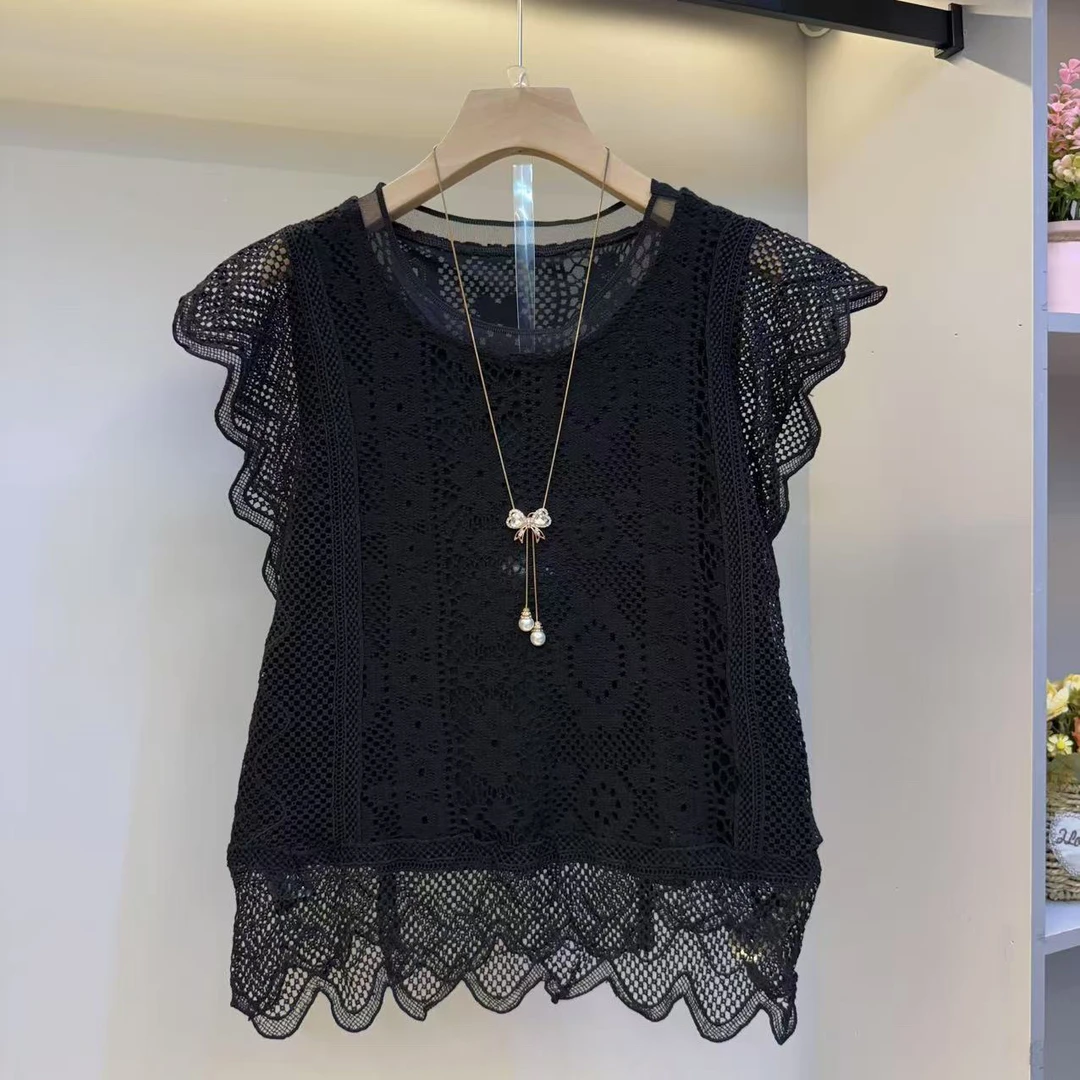 2025夏欧货新款菲菲袖镂空网眼减龄设计感洋气上衣