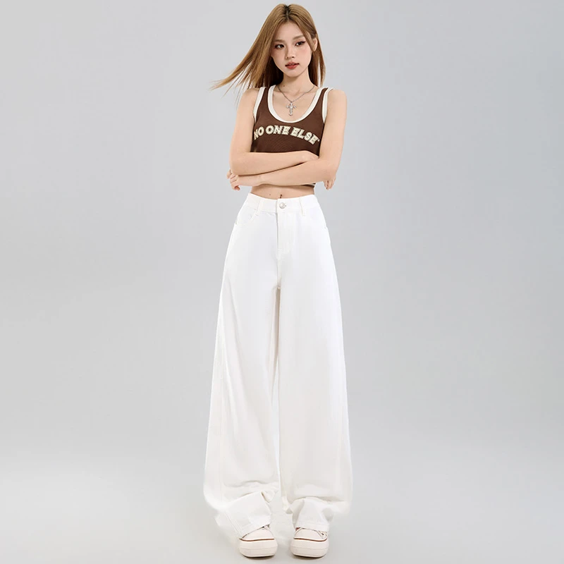 白色阔腿裤牛仔裤美式复古2025春季新款高腰宽松显瘦