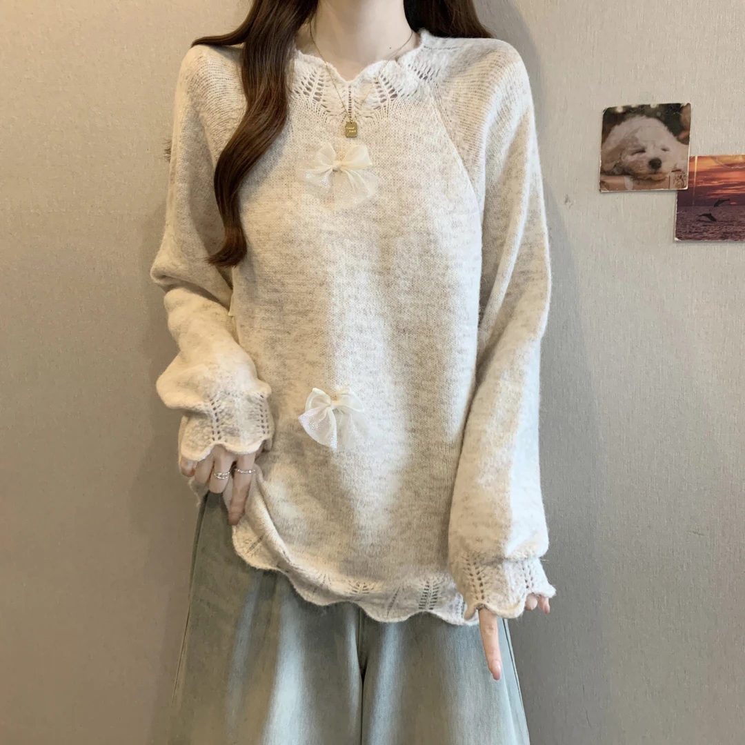设计感蝴蝶结立领镂空毛衣女秋冬大码胖mm内搭软糯针织衫外穿上衣