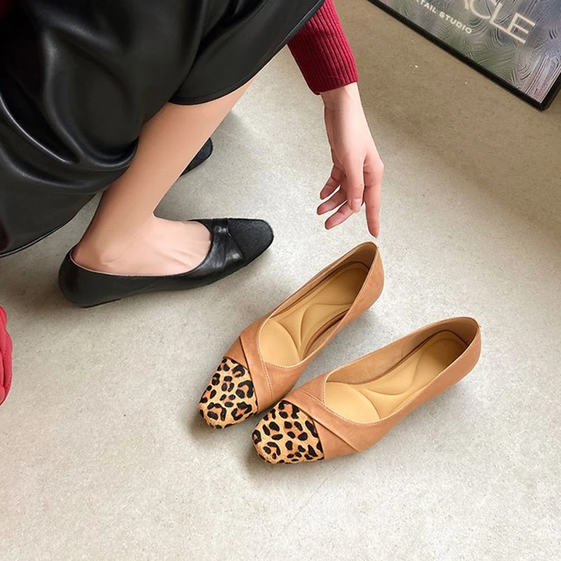 法式复古方头豹纹拼色单鞋女2025春季新款气质百搭马毛粗跟奶奶鞋