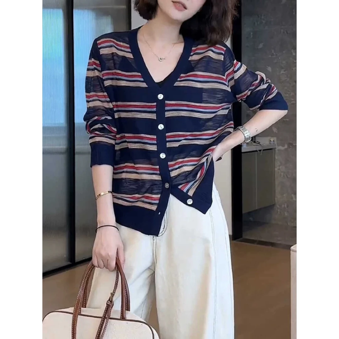 慵懒风软糯撞色条纹v领长袖针织开衫 S06