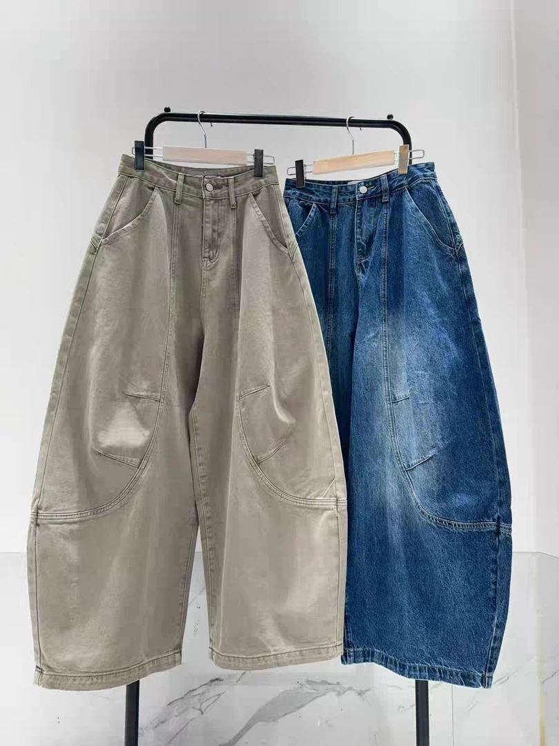 2025秋冬新款宽松显瘦弯刀气球牛仔裤女梨形身材阔腿弯刀拖地裤潮