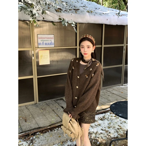 【赵小小yimao】82110 重工亮片钉珠v领喇叭长袖针织开衫毛衣外套女