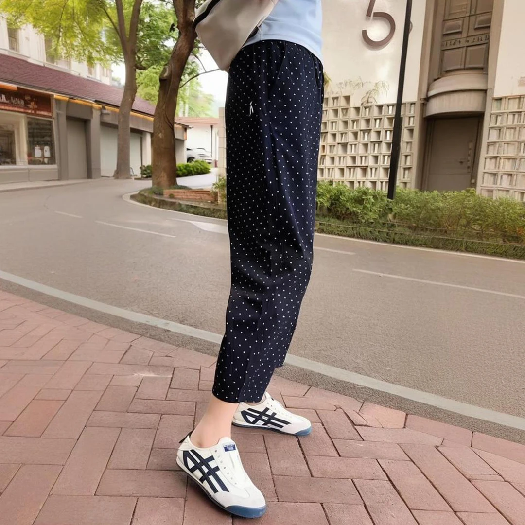 波点冰丝速干运动裤女夏季薄款大码高腰宽松显瘦弹力九分哈伦裤