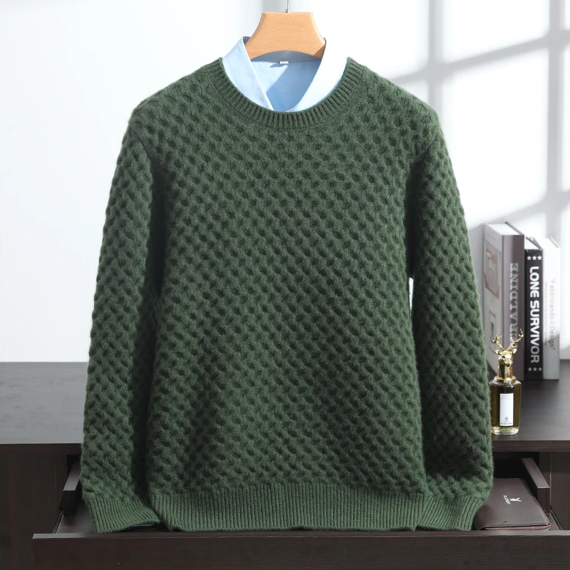 100%纯山羊绒衫重磅加厚蜂窝针圆领高端轻奢针织衫保暖冬季套头