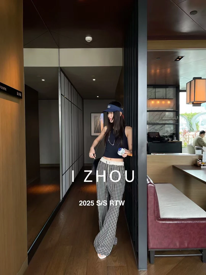 夏季高腰系带格子直筒阔腿裤慵懒松弛感显瘦休闲