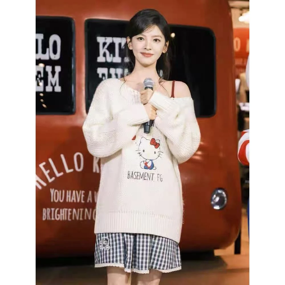 章若楠同款卡通kt粗针斜肩长袖毛衣女秋冬软糯套头宽松针织衫上衣