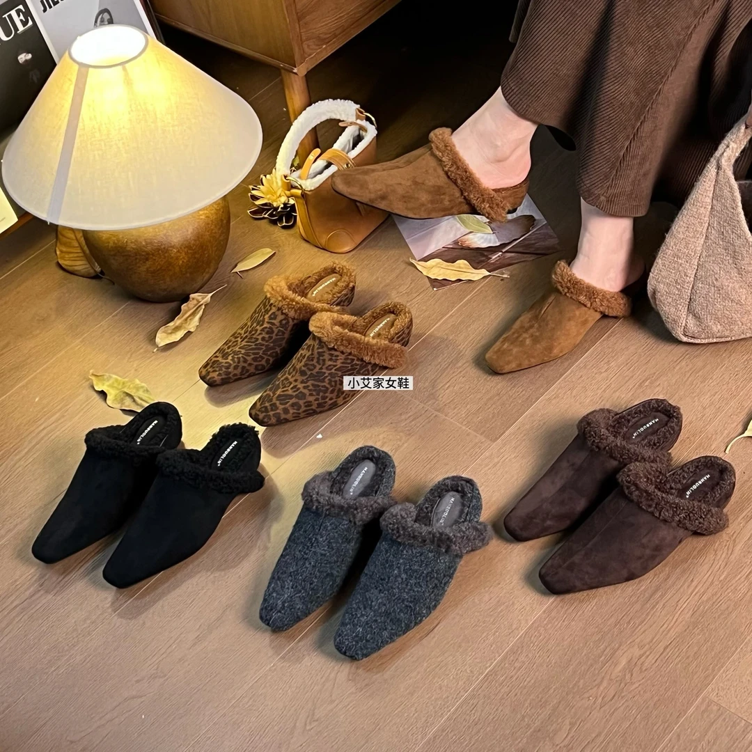 时髦精内增高方头老钱极简风复古包头半拖早秋新款毛毛鞋女88-9