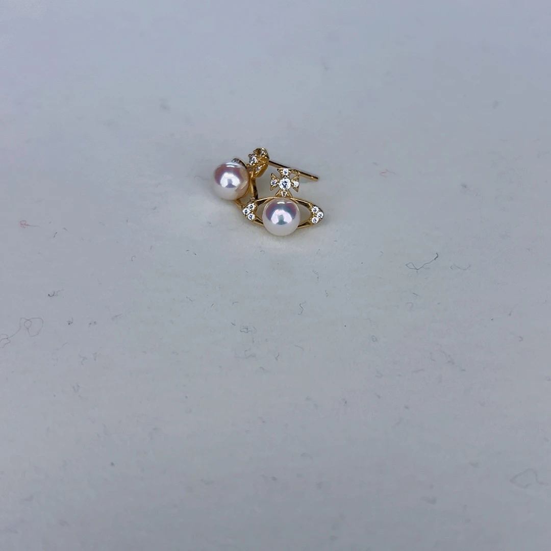 海水珍珠海水akoya土星耳钉5-6mm银S925镶嵌