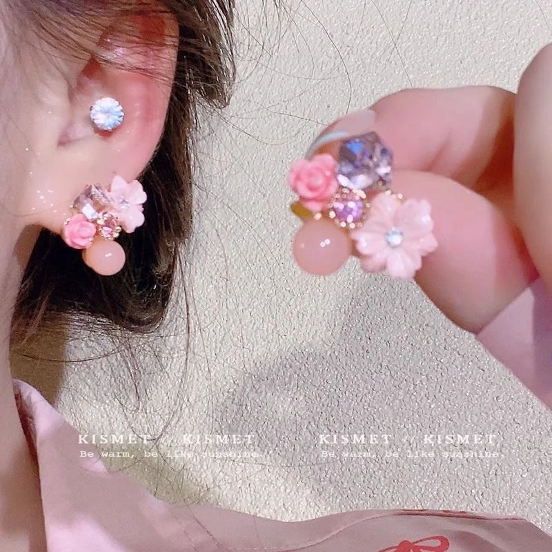 合金仿水晶耳饰 简约田园风拼色植物花卉女耳钉气质小众饰品精致
