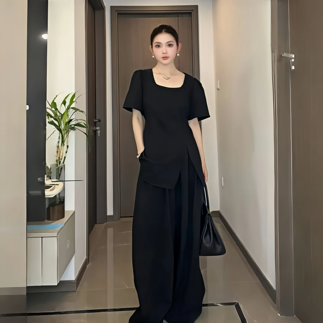 2025夏韩版简约小众设计感纯色开叉短袖T恤高腰阔腿长裤两件套