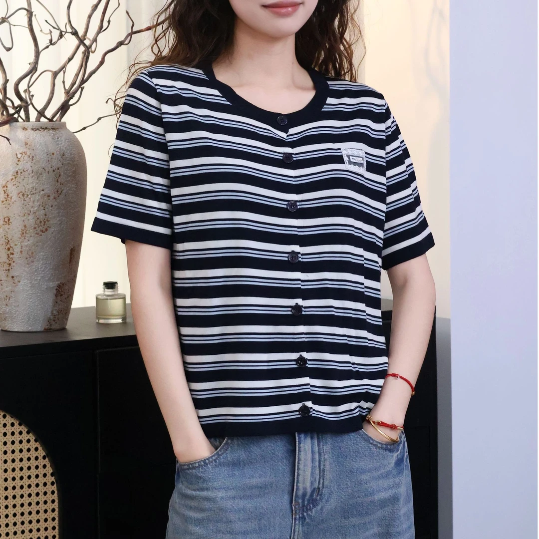 YIANYAN【森林】女士夏季桑蚕丝休闲圆领开衫短袖