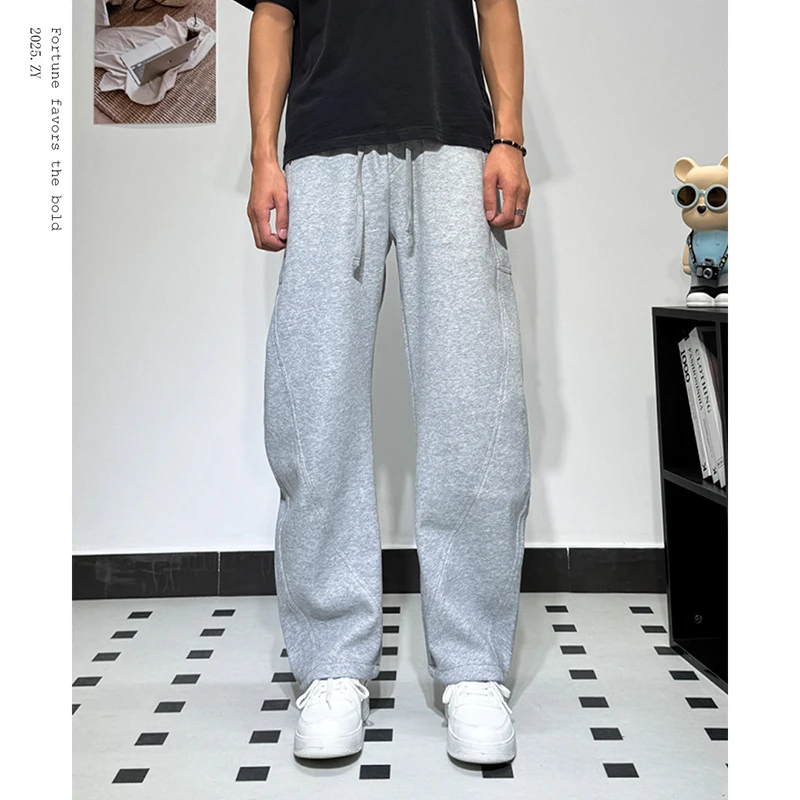 美式高街弯刀裤男女潮牌灰色针织卫裤秋冬斜切直筒裤重磅休闲裤