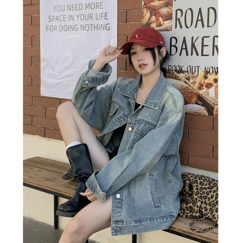 甜酷水洗做旧牛仔外套女春季宽松oversize夹克牛仔上衣8693