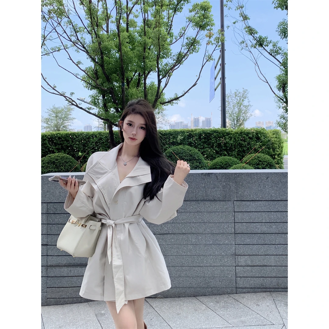 高级感气质立领长袖风衣外套女秋季英伦风绑带收腰中长款开衫大衣