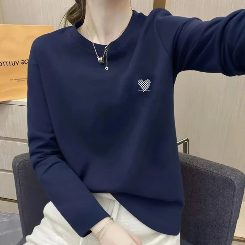 棉质圆领长袖T恤女春秋宽松百搭款上衣复古百搭打底衫纯色体恤衫