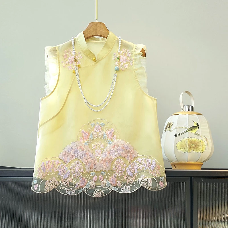 【锦绣】深圳南油夏款桑蚕丝上衣薄款刺绣无袖短款复古风双层