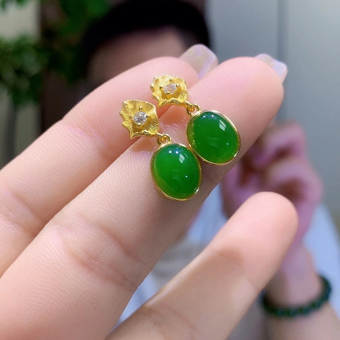 和田玉（碧玉）银S925镀金镶嵌耳饰