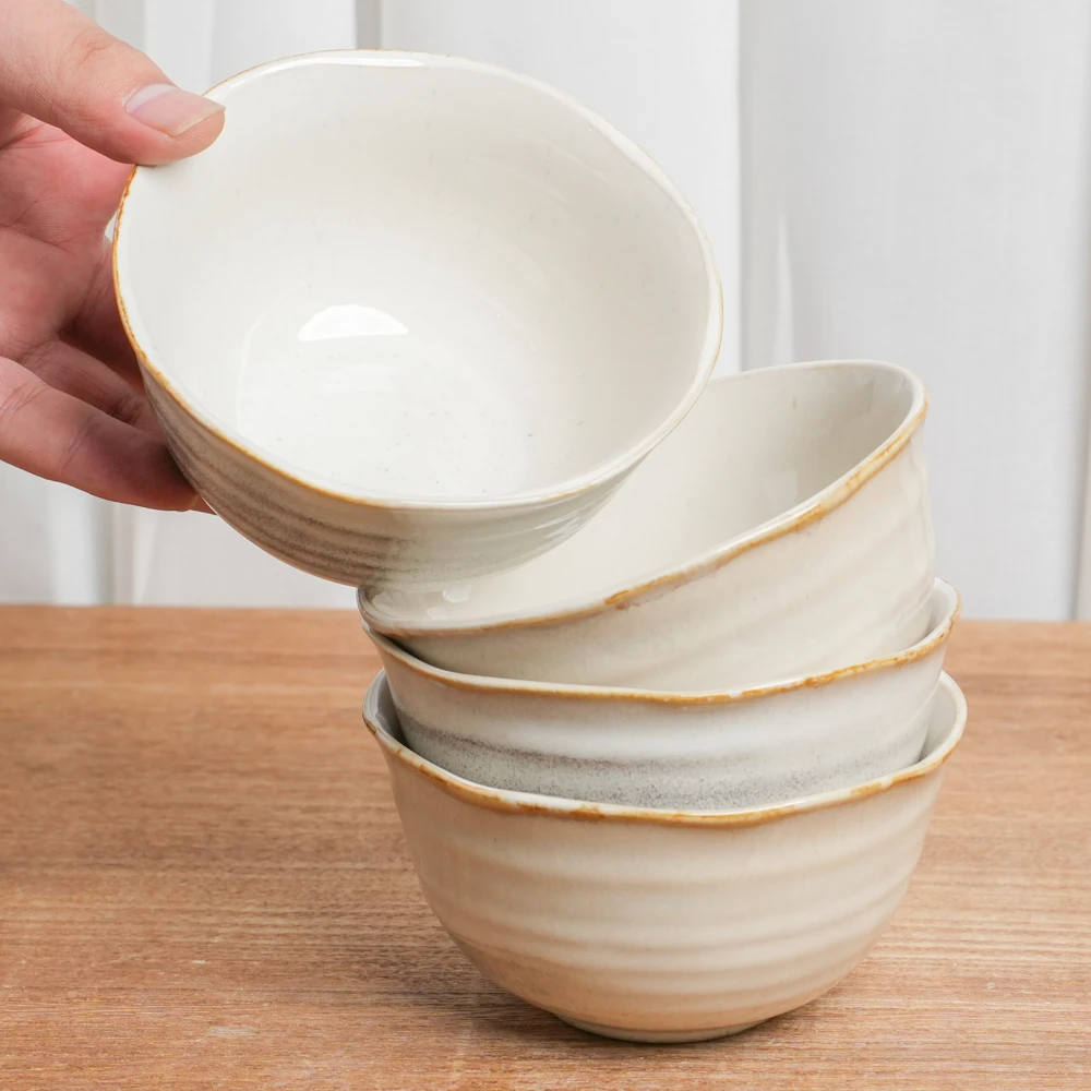 【瑕疵】釉下彩陶瓷碗窑变米黄高级螺纹小号吃饭碗复古米饭碗X2D