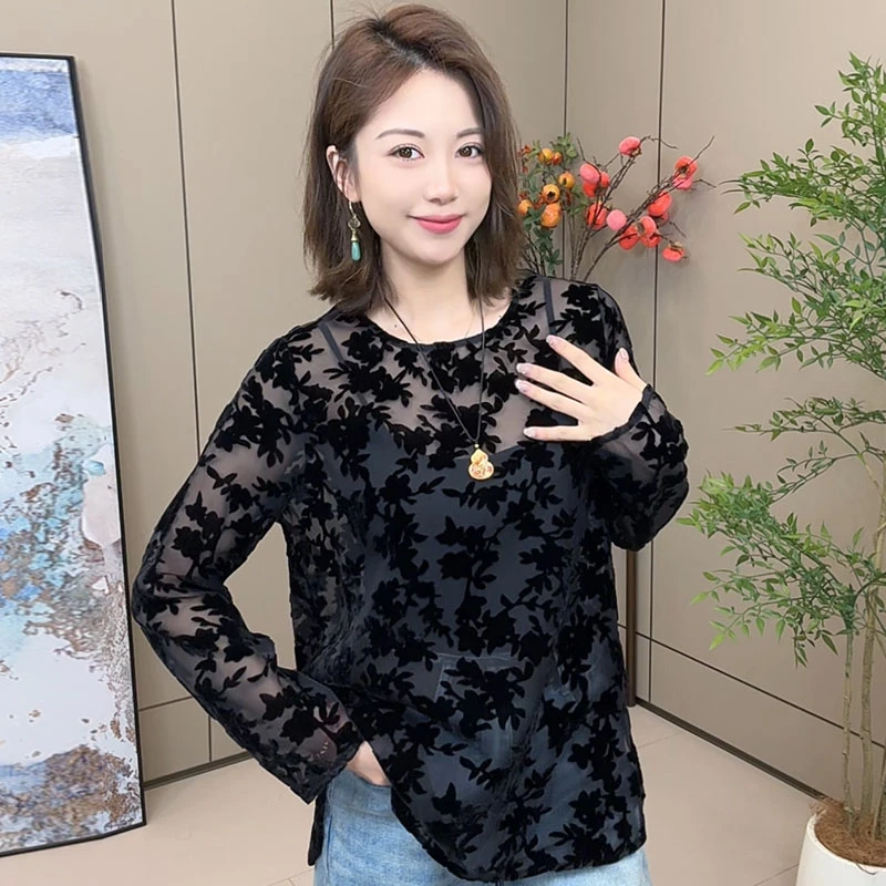 2025新款蕾丝植绒长袖小衫女网纱时尚打底衫百搭圆领丝绒上衣 183