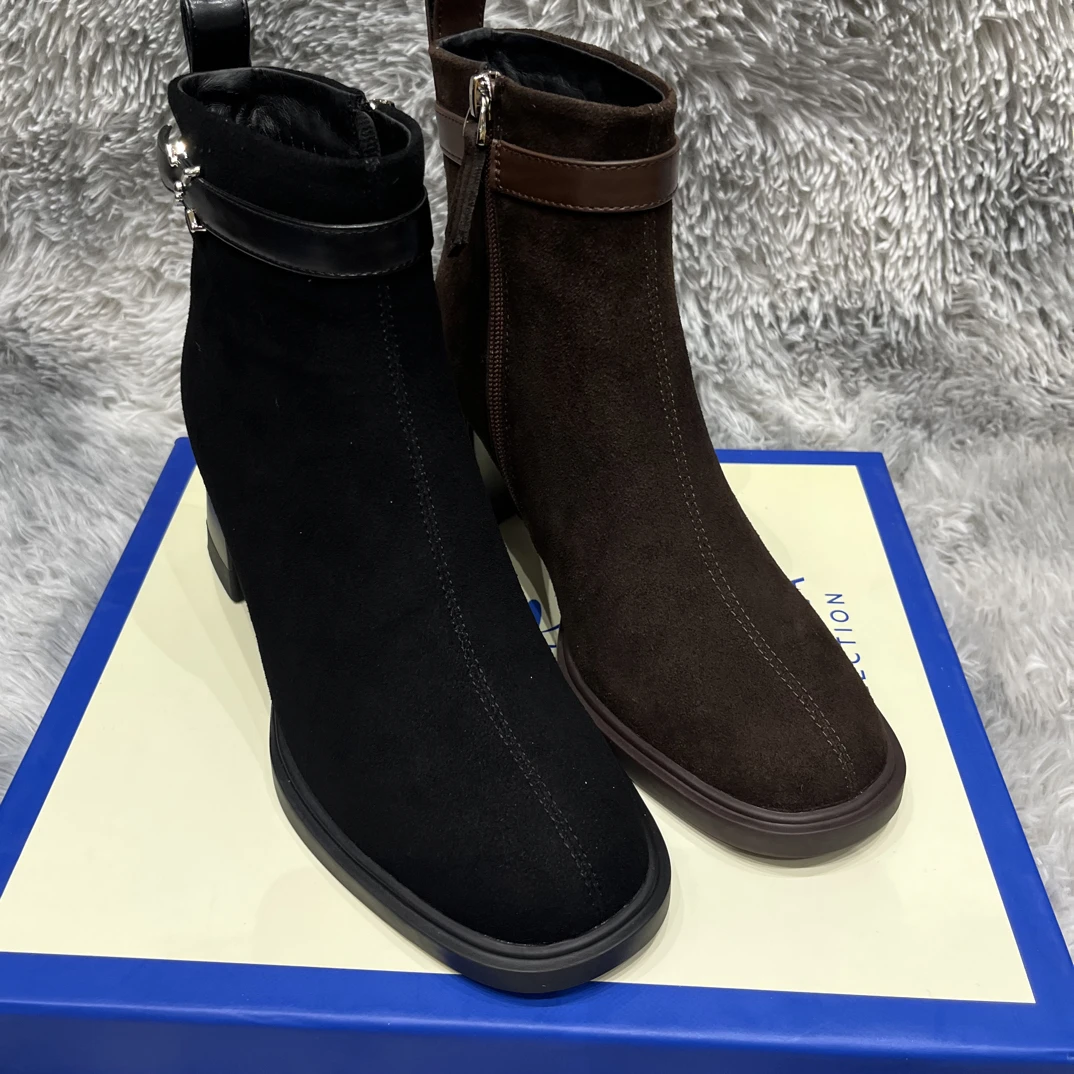 牛皮冬季加棉厚底大棉方头粗跟短靴时尚百搭韩版女靴