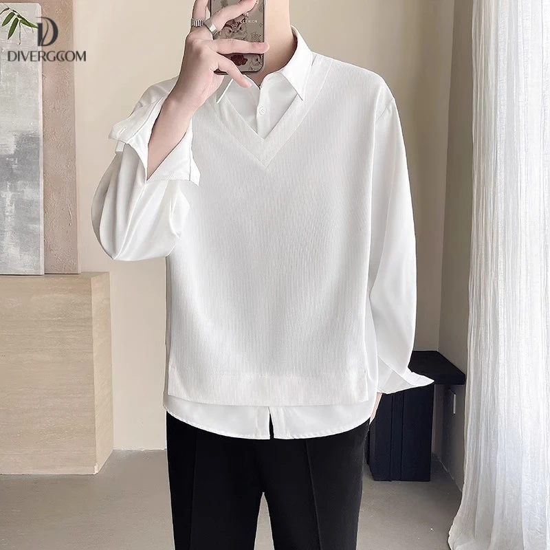 高级感痞帅假两件长袖衬衫男士潮流宽松设计感寸衫上衣轻熟风男装