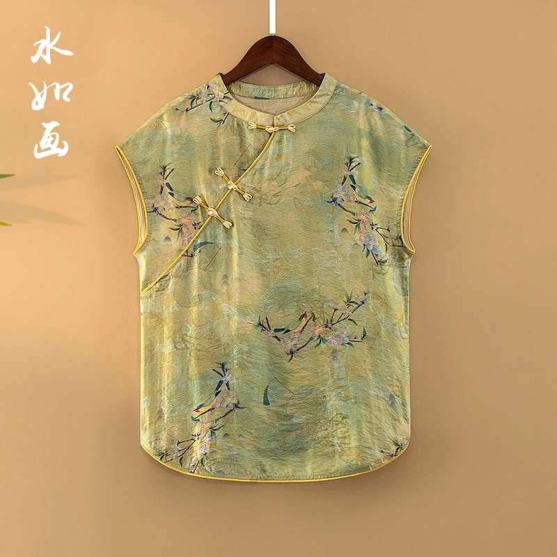 【栀翠】夏季2025新款印花上衣小衫新中式女装国风立领薄款无袖衬衫