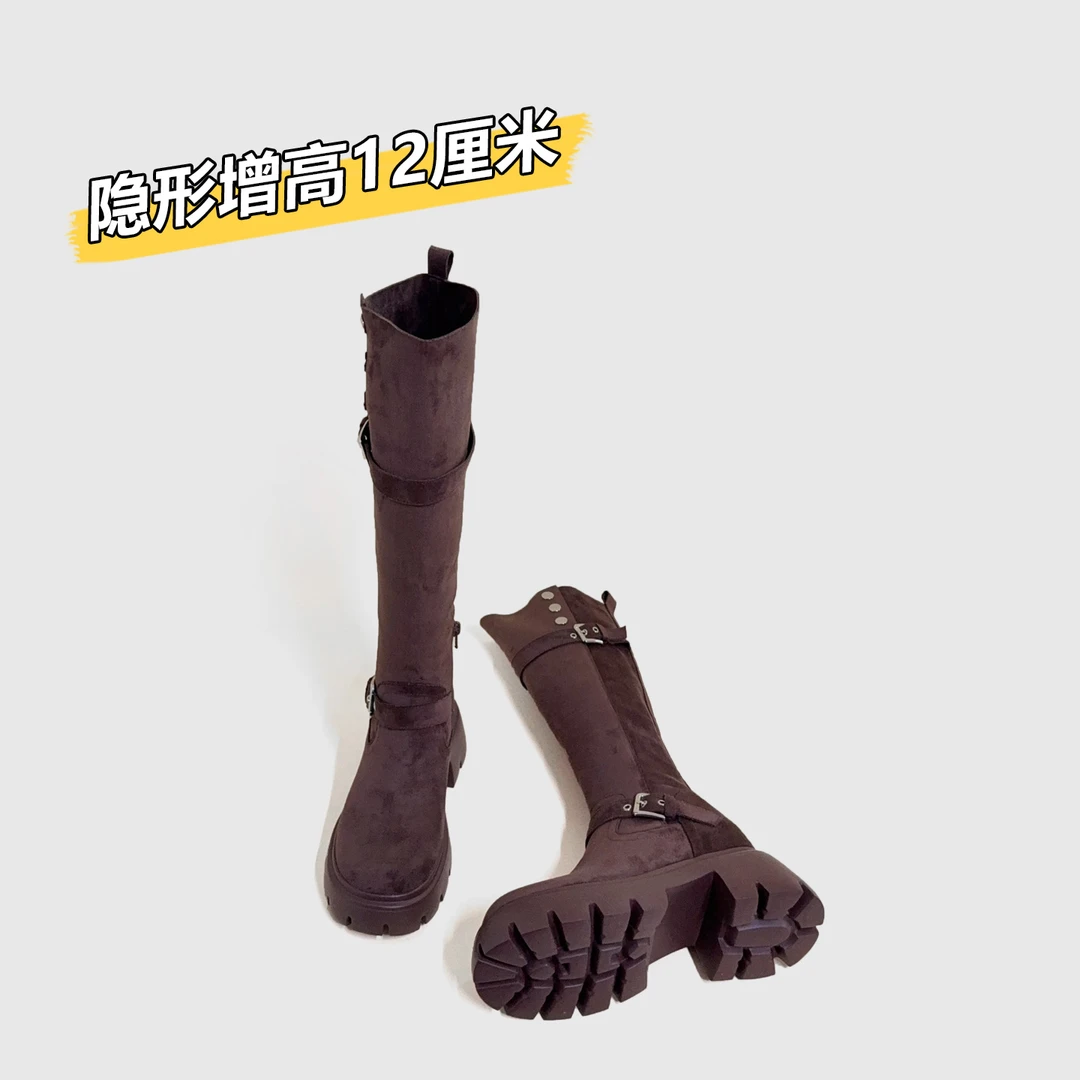 小个子内增高翻折两穿长筒靴女2025新款厚底过膝显瘦绒面西部长靴