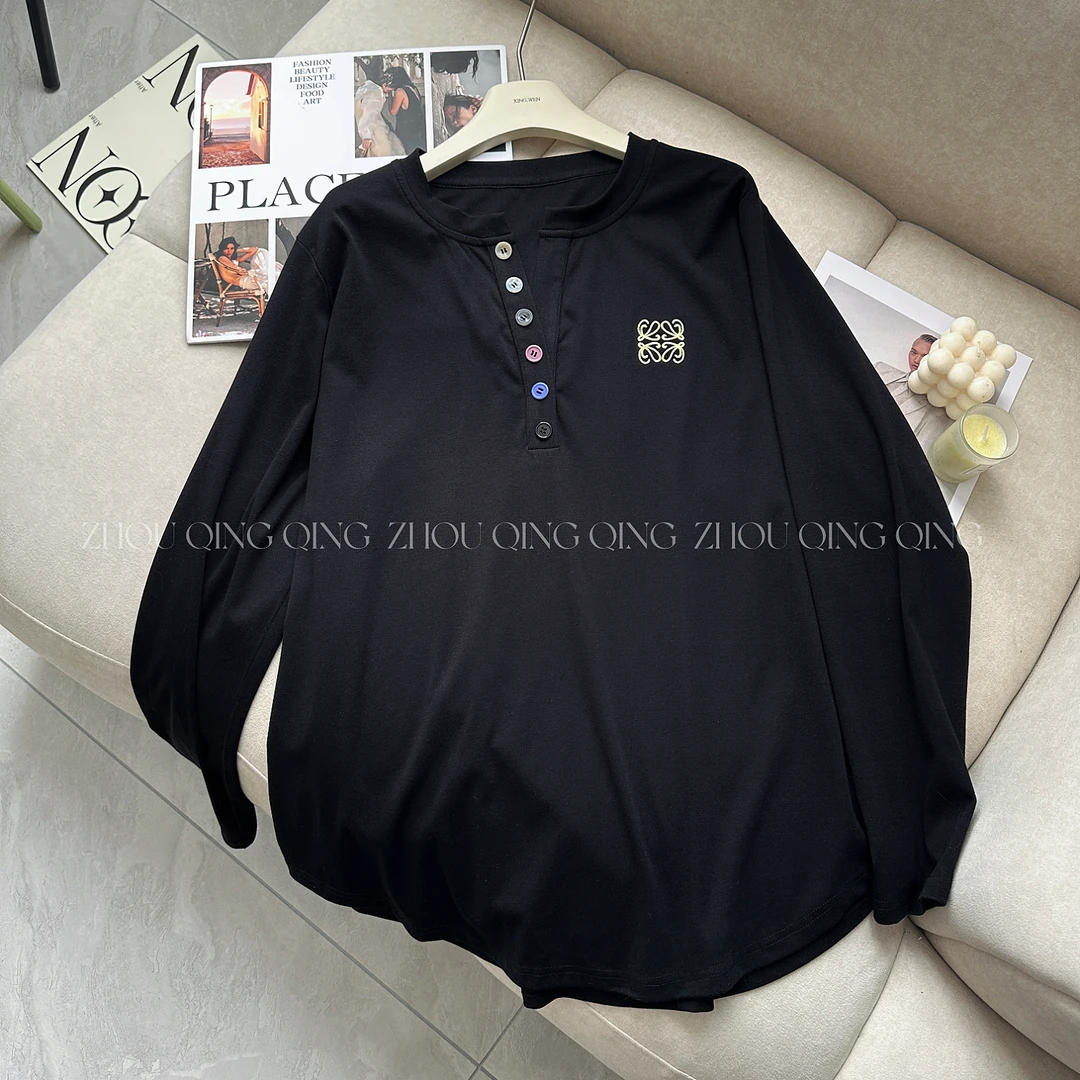 【清仓抢购】微标七彩T 大码女装2025新正肩显瘦长袖打底衫T恤刺绣