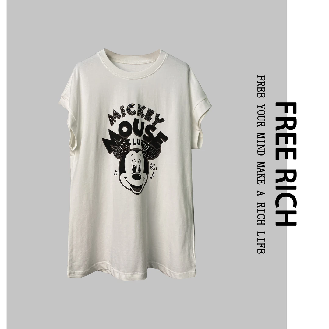 FREE RICH短袖/卡通印花短袖T恤时尚设计感休闲百搭烫钻上衣夏季