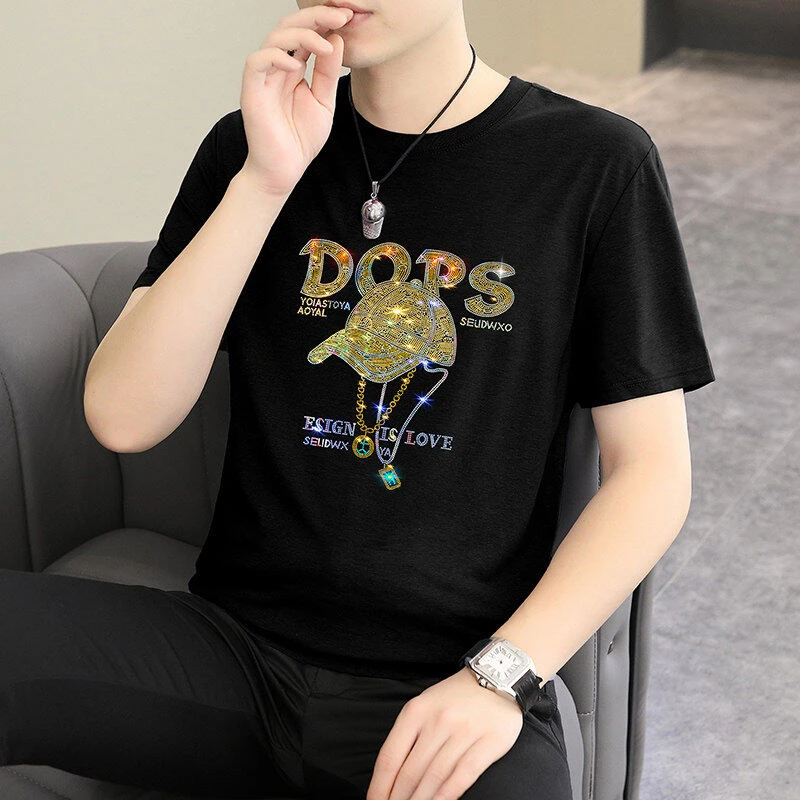 2025夏季时尚烫钻T恤短袖男士丝光棉休闲百搭潮流圆领半袖T628