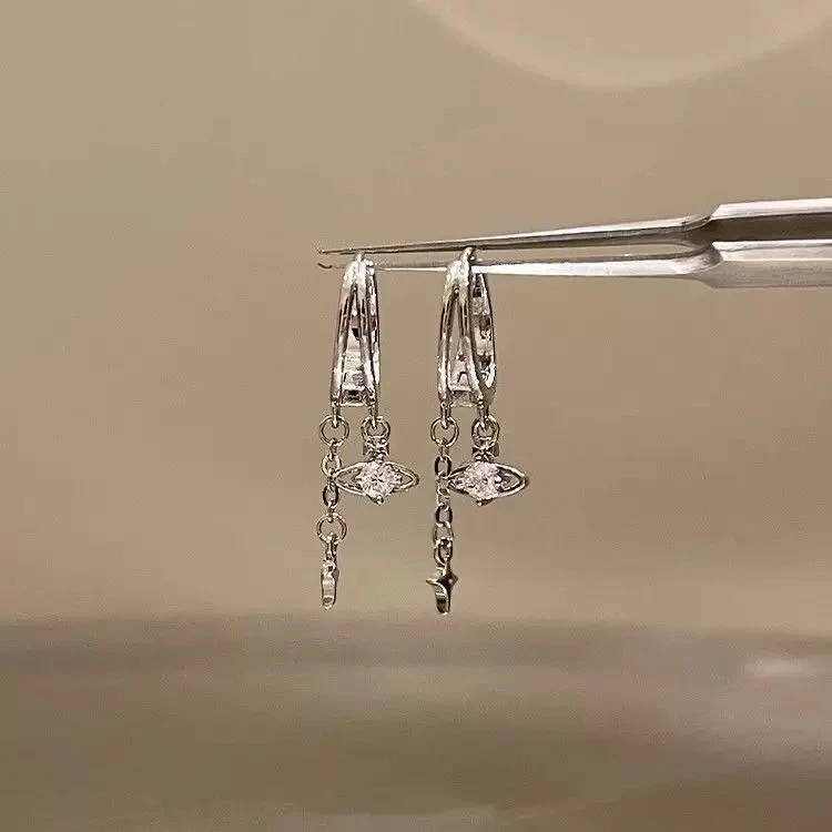 铜合金耳饰 双层星球星星耳圈耳扣设计感链条吊坠土星耳环女耳饰