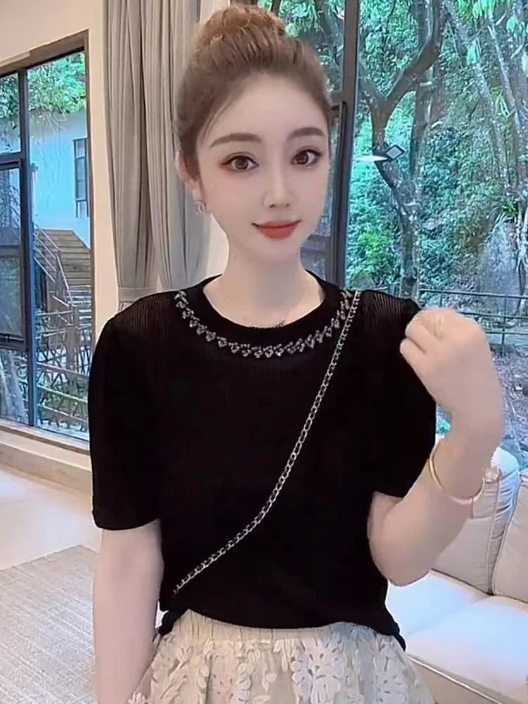 ～纯色圆领镶钻短袖T恤新款修身显瘦绝美上衣