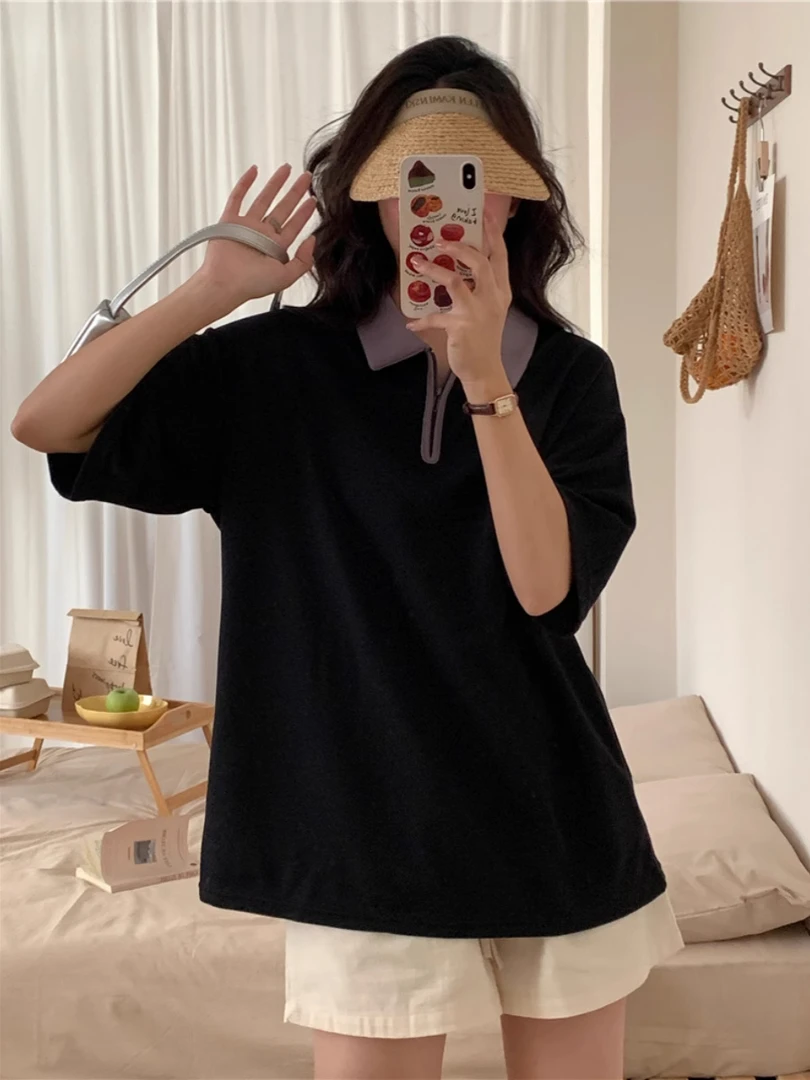 夏季2025年新款撞色重磅polo衫短袖T恤女设计感小众独特别致上衣