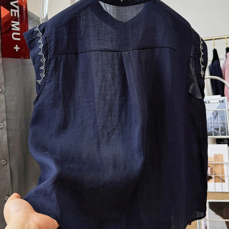 高级感独特漂亮无袖衬衫上衣女重工刺绣外穿马甲背心苎麻气质小衫