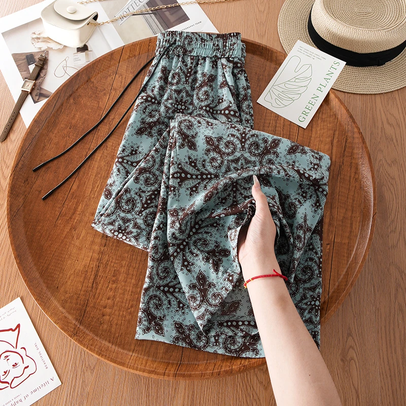 拉夏贝尔新中式冰丝阔腿裤女夏薄款新款休闲裤印花凉爽直筒裤