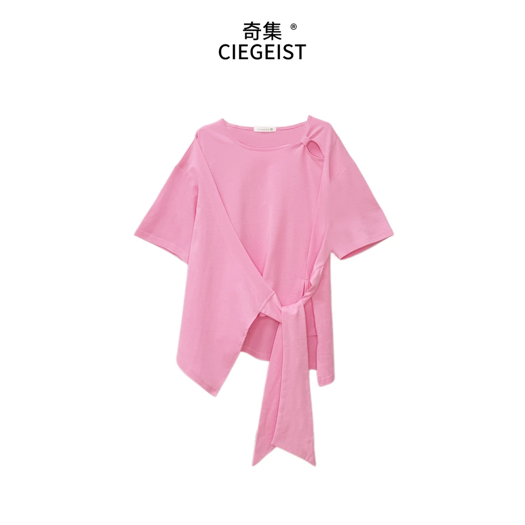 2025夏季设计师款宽松大版气质显瘦飘带收腰短袖T恤6066