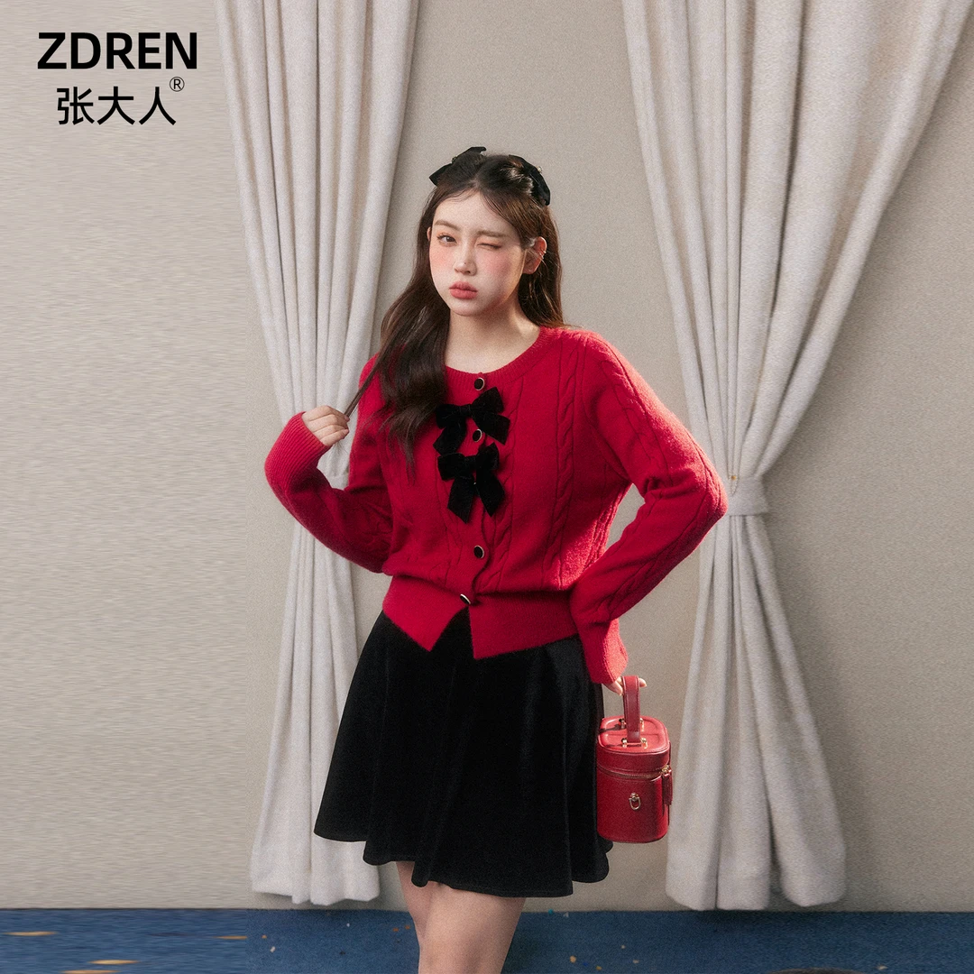 张大人【日落樱红】气质洋气短款时尚红色显瘦秋冬毛衣针织衫套装