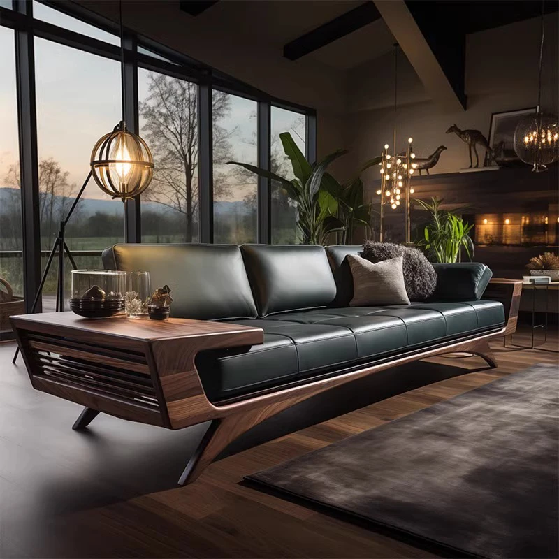 新中式胡桃木客厅沙发2025新款高端实木真皮三四人位直排皮艺沙发