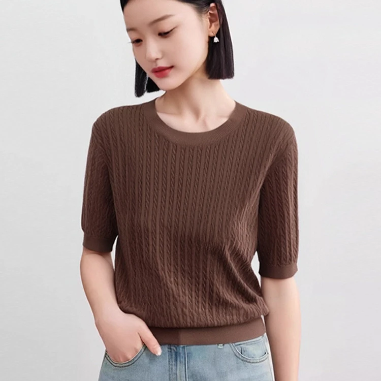 2025新款舒适百搭质感高级内搭女款圆领中袖麻花针织衫HL20303