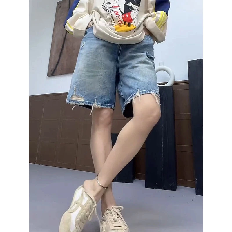 高腰显瘦无弹直筒破洞牛仔短裤夏季新款百搭遮胯宽松五分阔腿裤子