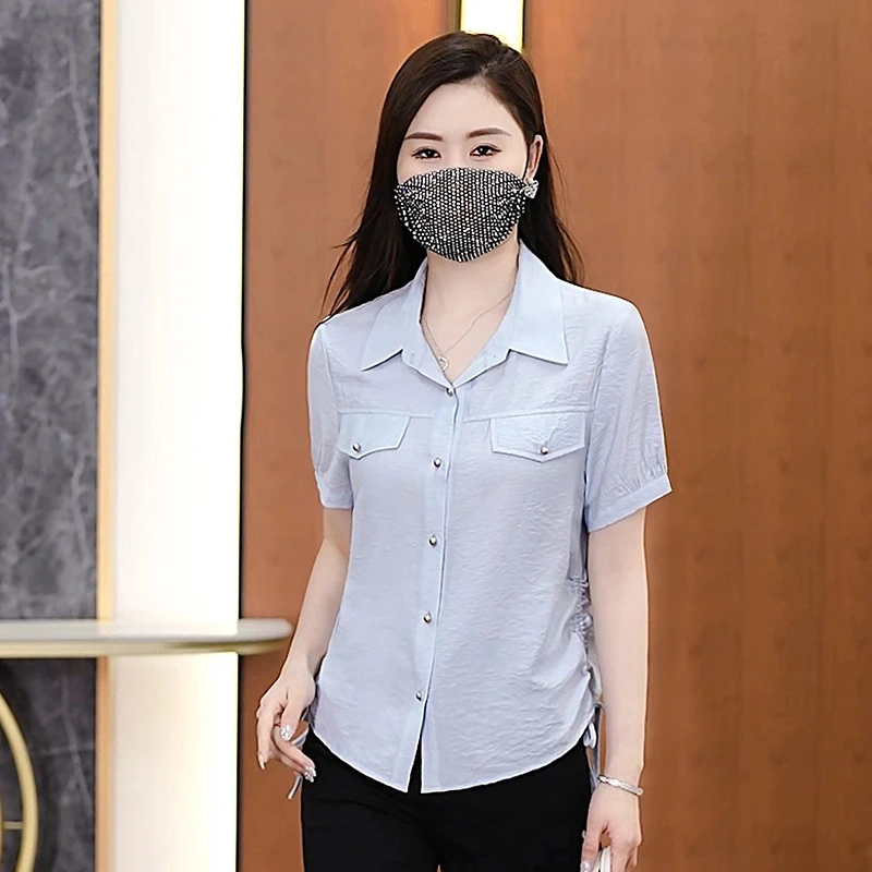 2025夏季时尚气质休闲衬衣洋气宽松减龄显瘦短袖上衣女士衬衫