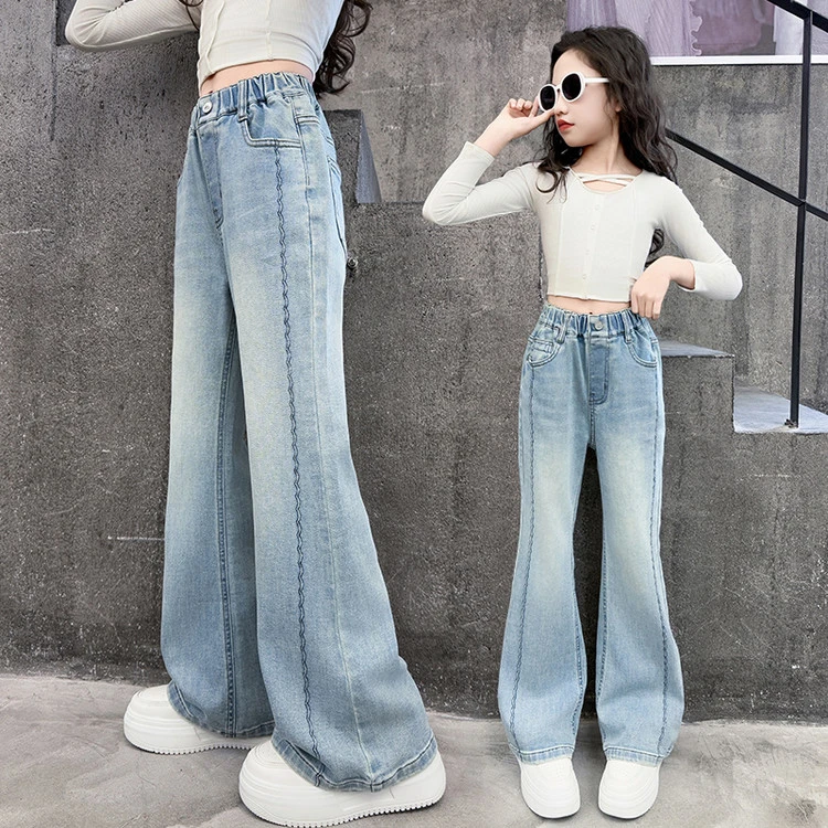 2025新款春季女童压花波浪弹力修身喇叭裤