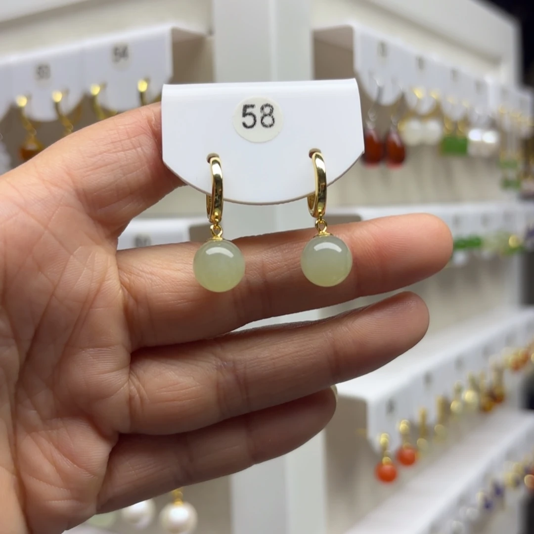 和田玉银S925镶嵌耳饰