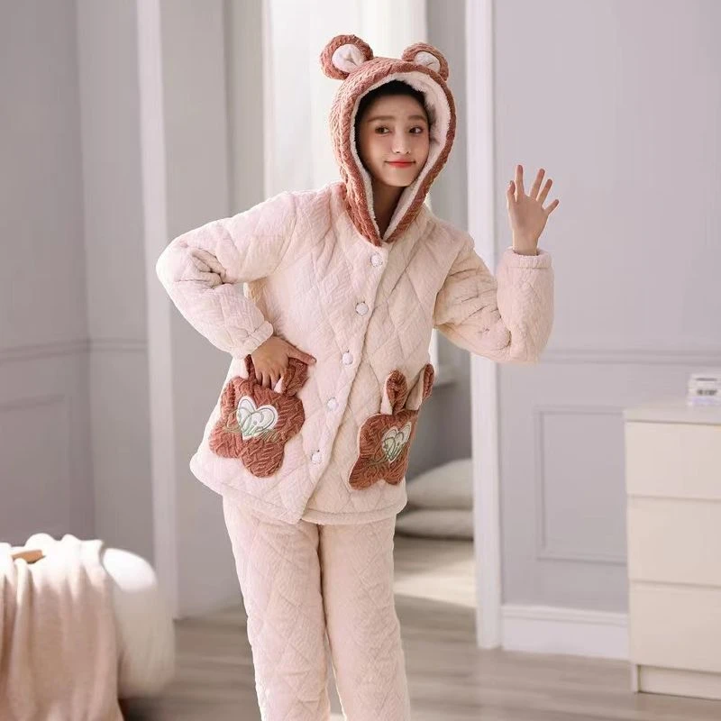 【粉丝专享】6331 DFN 女可爱连帽口袋爱心可外穿家居服套装