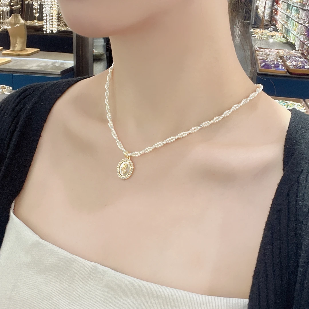 铜合金仿珍珠项链 麻花双链郁金香项013优雅简约百搭（超小米珠）