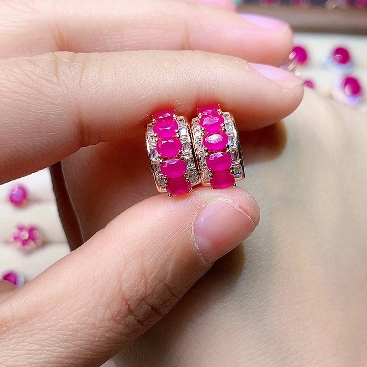 红宝石耳饰银S925镶嵌