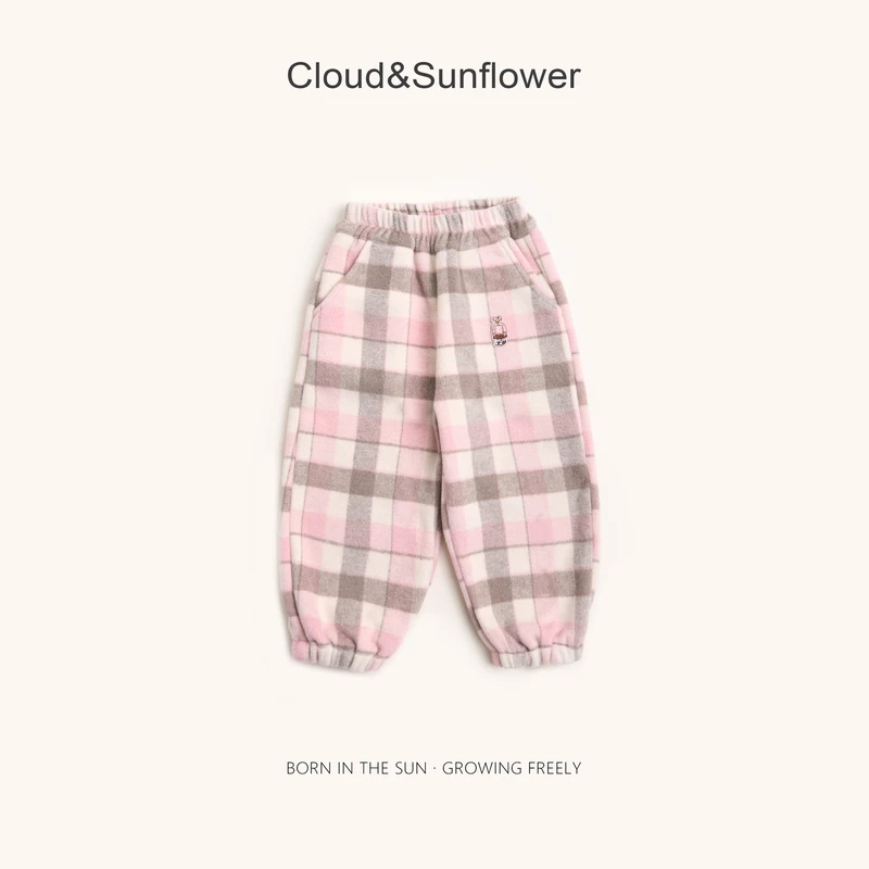【云朵小葵】女童冬季新款格子小熊毛呢休闲加绒保暖束脚裤555388