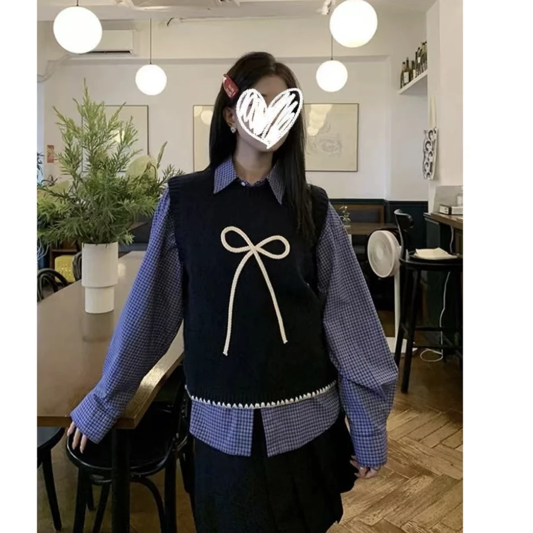 99872#大码女装衬衫搭配蝴蝶结马甲减龄显瘦穿搭（无运险）
