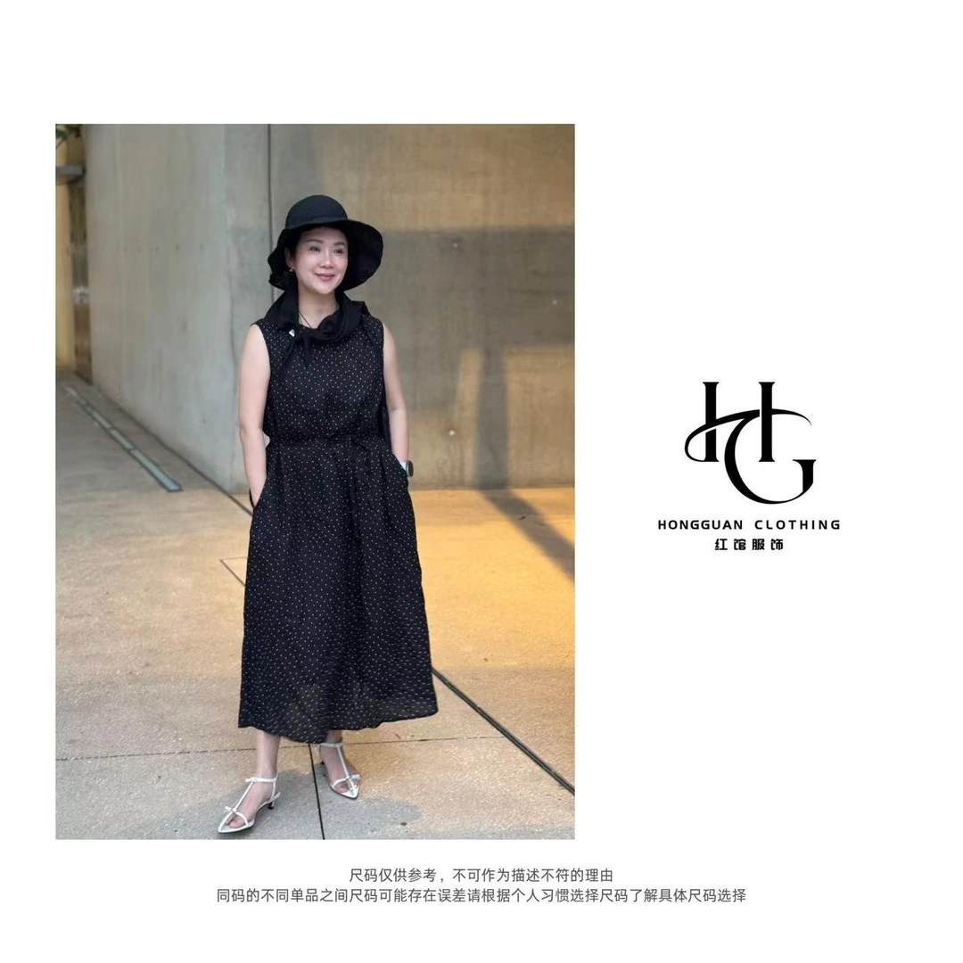 H·G【优雅波点】2446  新款气质百搭波点无袖腰系带连衣裙
